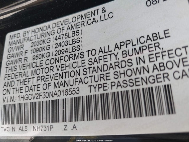 1HGCV2F30NA016553 Honda k20c4