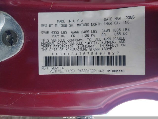 2007 MITSUBISHI ECLIPSE 4A3AK34T67E004827 Photo 8