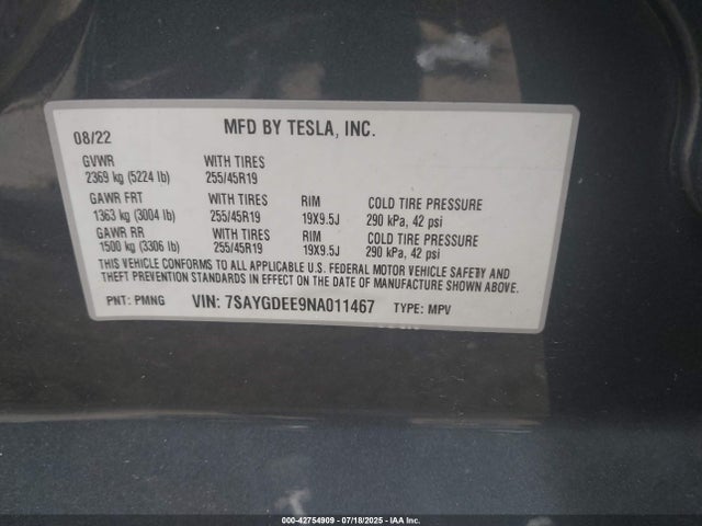 2022 TESLA MODEL Y 7SAYGDEE9NA011467 Photo 8