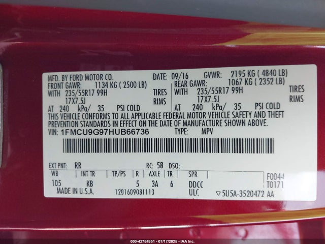 Ford ESCAPE SE 2017 1FMCU9G97HUB66736 Image 24