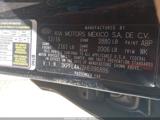 3KPFL4A78HE096886 KIA mpi nu
