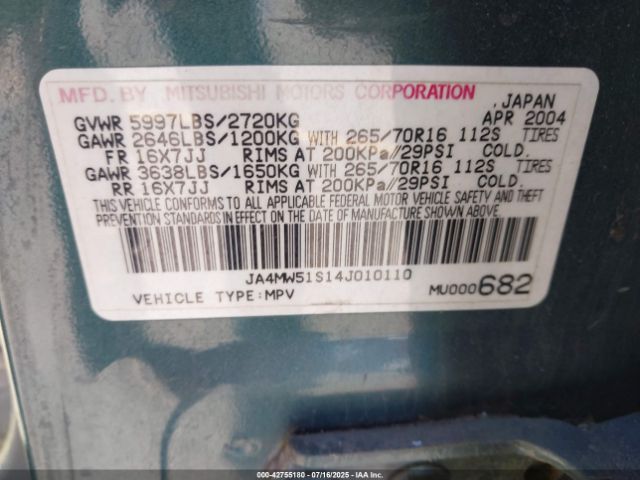 2004 MITSUBISHI MONTERO JA4MW51S14J010110 Photo 8