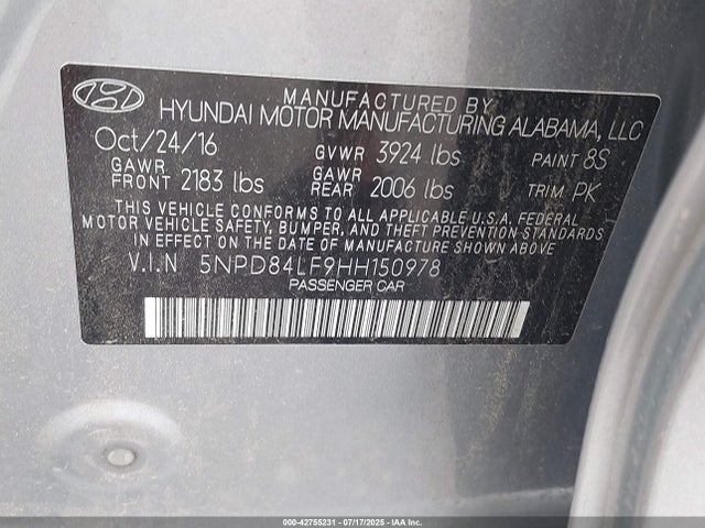5NPD84LF9HH150978 Hyundai 2017