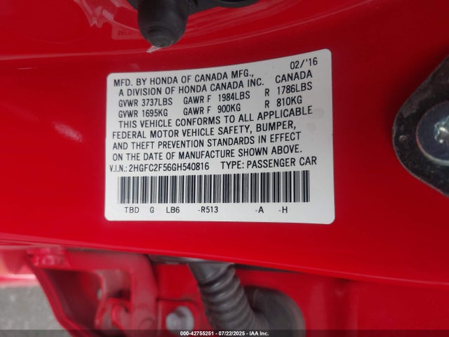 Honda k20c2 2016 2HGFC2F56GH540816 Image 9
