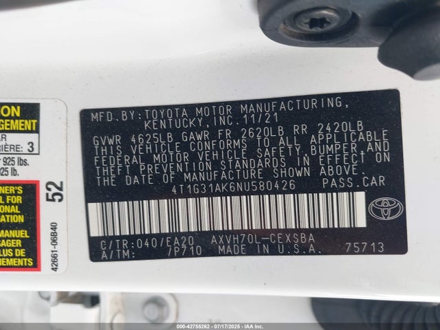 Toyota a25a-fxs, 3nm 2022 4T1G31AK6NU580426 Image 9