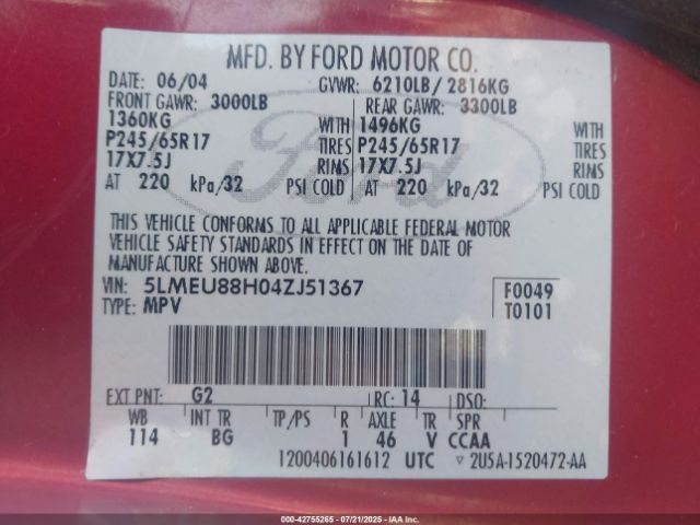 2004 LINCOLN AVIATOR 5LMEU88H04ZJ51367 Photo 8
