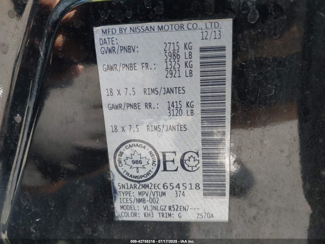 Nissan Pathfinder Platinum/s/sl/sv 2014 5N1AR2MM2EC654518 Image 9