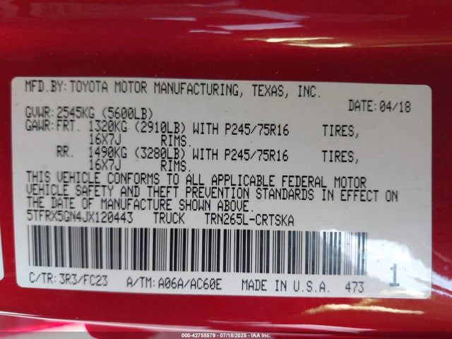 5TFRX5GN4JX120443 Toyota 2tr-fe