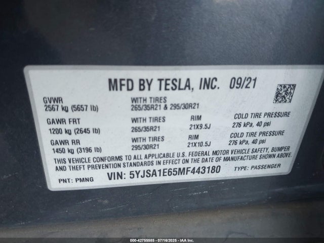 2021 TESLA MODEL S 5YJSA1E65MF443180 Photo 8