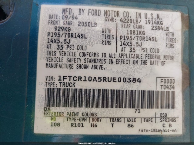 Aukcja sprzedaży 1993 Ford Ranger, vin: 1FTCR10A0PUD71194, numer aukcji: 42755913