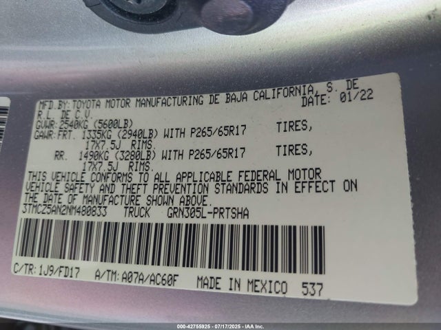 3TMCZ5AN2NM480833 Toyota 2gr-fks