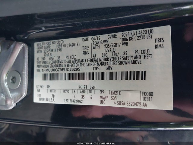Ford 2015 2015 1FMCU0G79FUC26295 Image 9