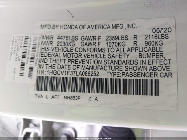 1HGCV1F37LA086252 Honda l15be