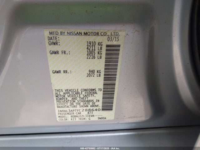 Nissan Altima 2015 1N4AL3AP7FC288640 Image 9