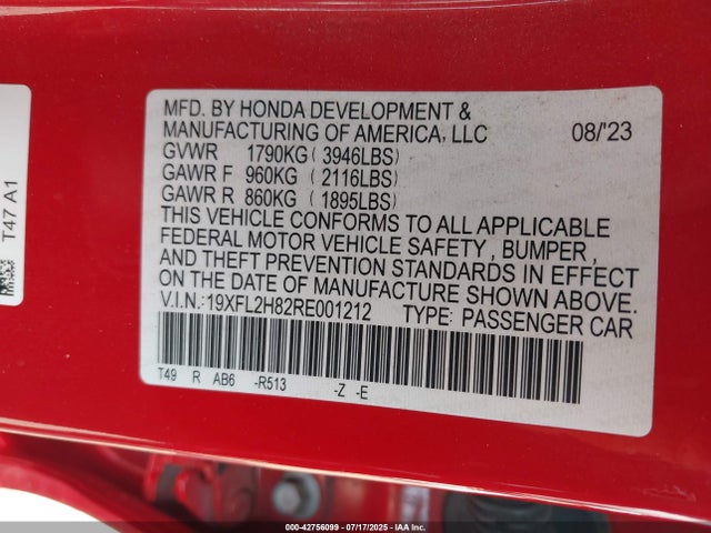 19XFL2H82RE001212 Honda k20c2