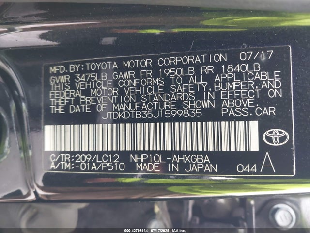JTDKDTB35J1599835 Toyota 1nz-fxe+1lm