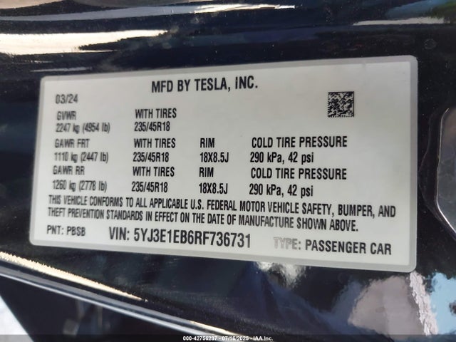 Tesla MODEL 3 2024 5YJ3E1EB6RF736731 Image 9