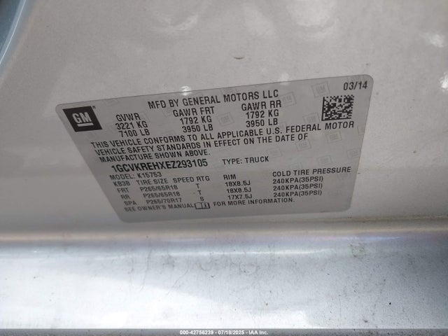 1GCVKREHXEZ293105 Chevrolet lv3 - vvt, aluminum, e85 max