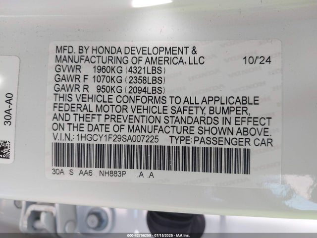 1HGCY1F29SA007225 Honda l15be