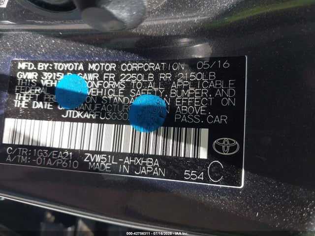 JTDKARFU3G3021745 Toyota 2zr-fxe,1nm