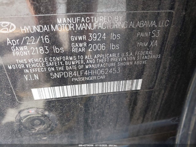 5NPD84LF4HH062453 Hyundai Elantra