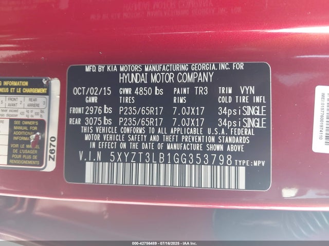 5XYZT3LB1GG353798 Hyundai gdi theta ii