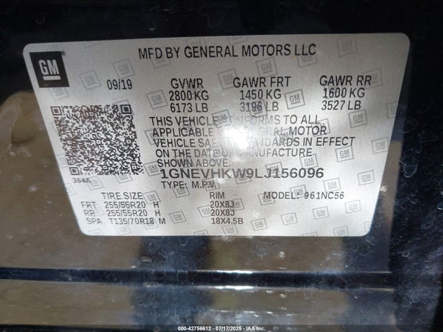 1GNEVHKW9LJ156096 Chevrolet lfy - spark ignited direct injection, atss, gen 1