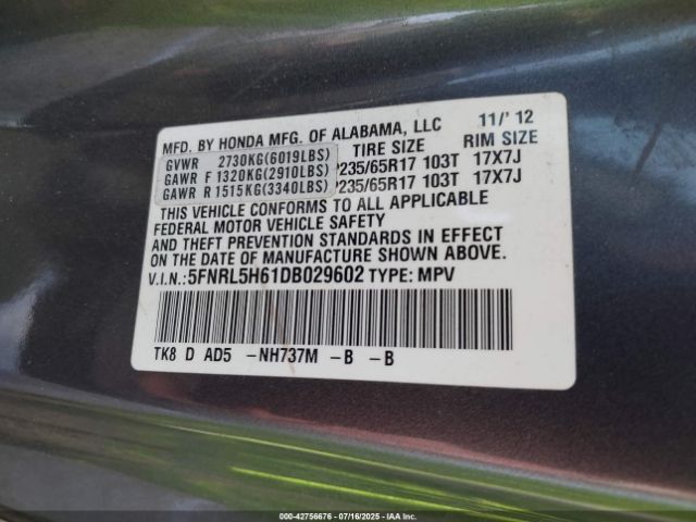 2013 HONDA ODYSSEY 5FNRL5H61DB029602 Photo 8