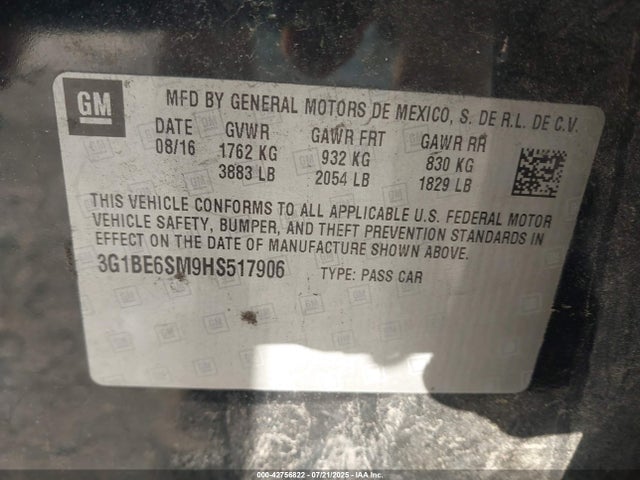3G1BE6SM9HS517906 Chevrolet le2 -di: direct injection, vvt: variable valve timing, gen, alum