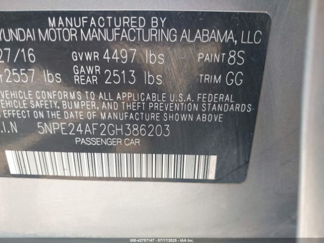 2016 HYUNDAI SONATA 5NPE24AF2GH386203 Photo 8