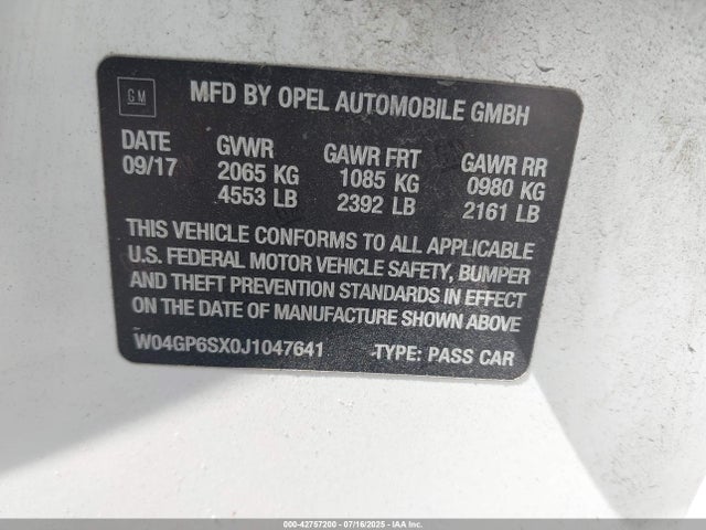 2018 Buick Regal Sportback Essence მანქანა იყიდება აუქციონზე, vin: W04GP6SX0J1047641, აუქციონის ნომერი: 42757200