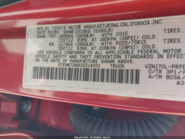 2003 TOYOTA TACOMA 5TEHN72NX3Z214231 Photo 8
