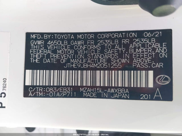 Lexus m20a-fxs, 3nm,1mm 2021 JTHE9JBH4M2051255 Image 9