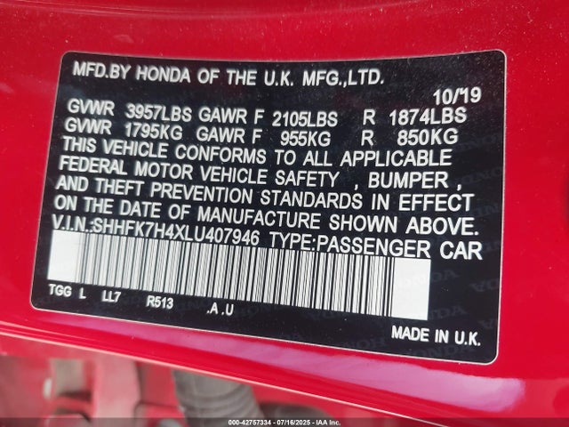 Honda l15ba 2020 SHHFK7H4XLU407946 Image 9