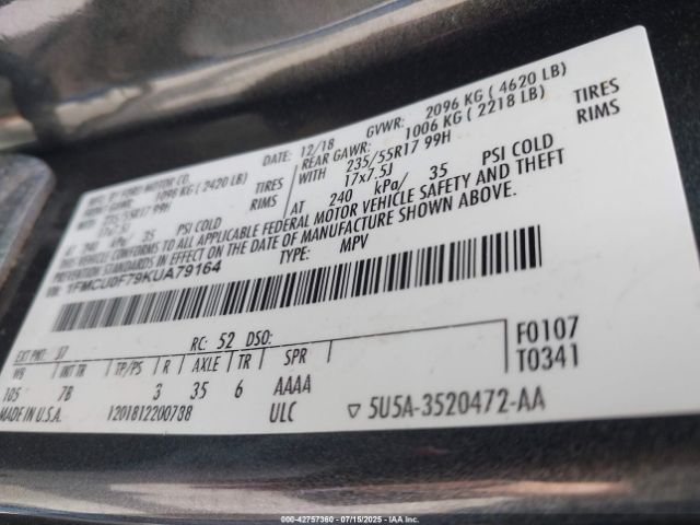 2019 FORD ESCAPE 1FMCU0F79KUA79164 Photo 8
