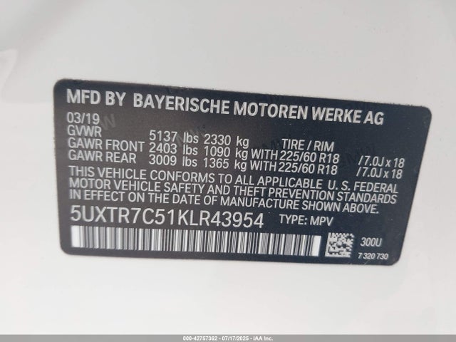 5UXTR7C51KLR43954 BMW X3