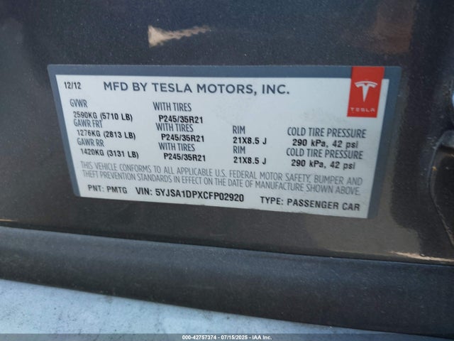 2012 TESLA MODEL S 5YJSA1DPXCFP02920 Photo 8