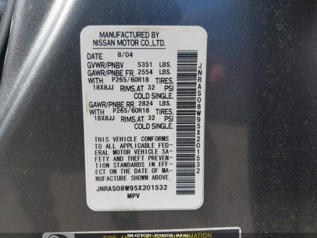 42757397 :رقم المزاد ، JNRAS08W95X201532 vin ، 2005 Infiniti Fx35 مزاد بيع