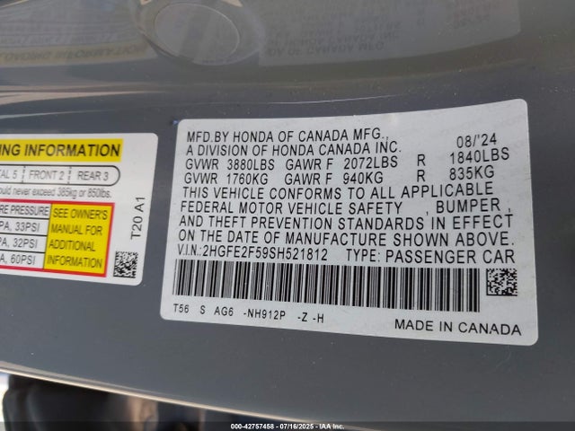 Honda k20c9 2025 2HGFE2F59SH521812 Image 9