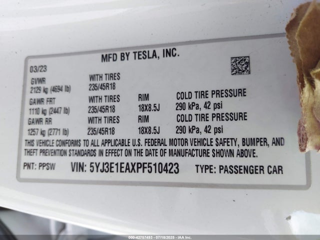 2023 TESLA MODEL 3 5YJ3E1EAXPF510423 Photo 8