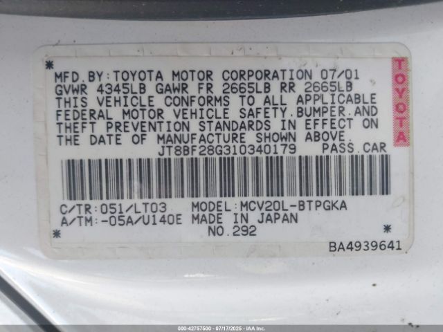 2001 LEXUS ES 300 JT8BF28G310340179 Photo 8