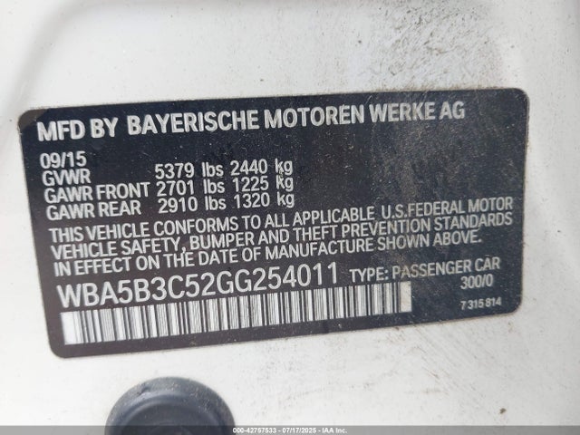 WBA5B3C52GG254011 BMW 2016