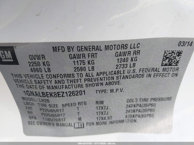 1GNALBEK8EZ126201 Chevrolet lea - flex fuel (gas/alc), aluminum, high output