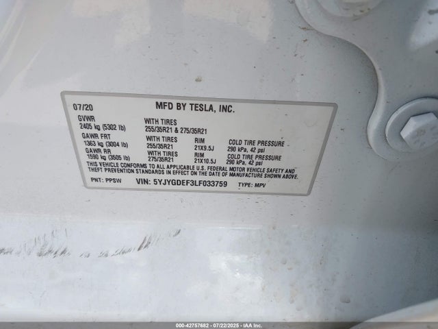 2020 TESLA MODEL Y 5YJYGDEF3LF033759 Photo 8