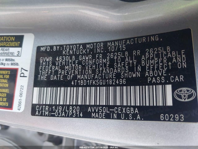 Toyota 2ar-fxe+2jm 2016 4T1BD1FK5GU182496 Image 9