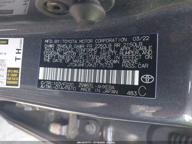 JTDKAMFU9N3175733 Toyota 2zr-fxe,1nm