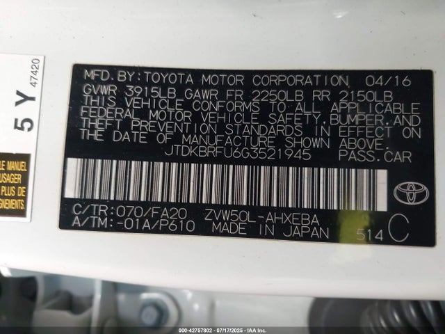JTDKBRFU6G3521945 Toyota 2zr-fxe,1nm