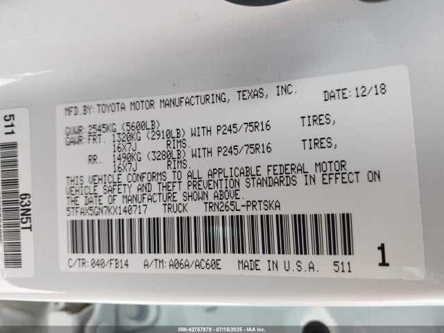 5TFAX5GN7KX140717 Toyota 2tr-fe