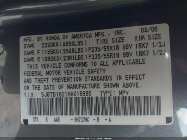 2008 ACURA RDX 5J8TB18218A018985 Photo 8