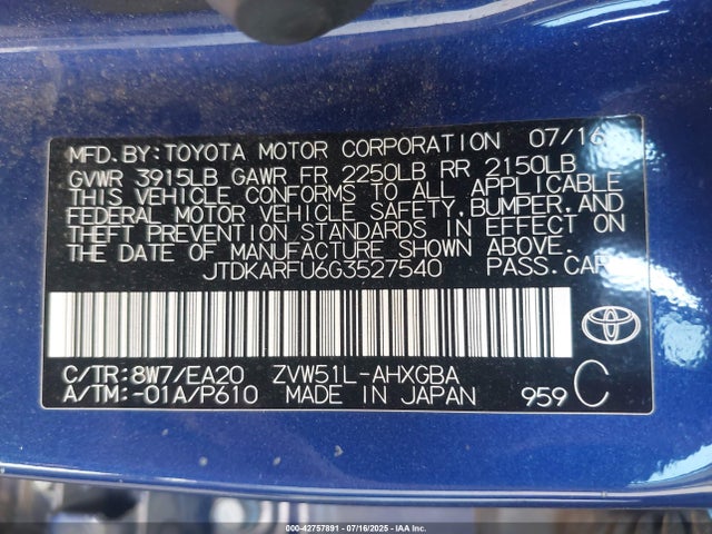 JTDKARFU6G3527540 Toyota 2zr-fxe,1nm